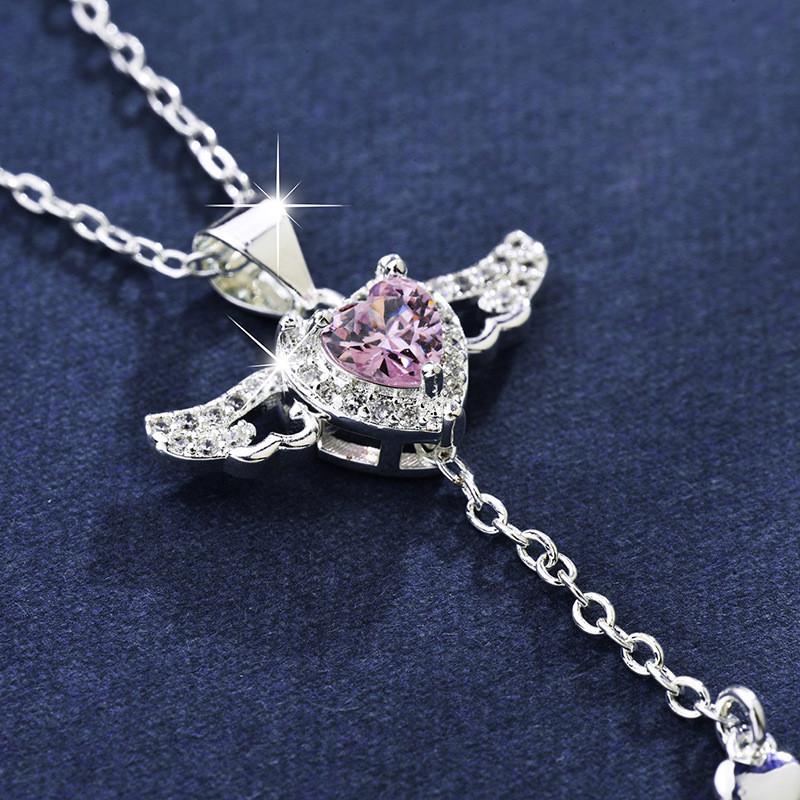 Stylish Romantic Heart Necklace With Angel Wings And Diamond Inlay For Women