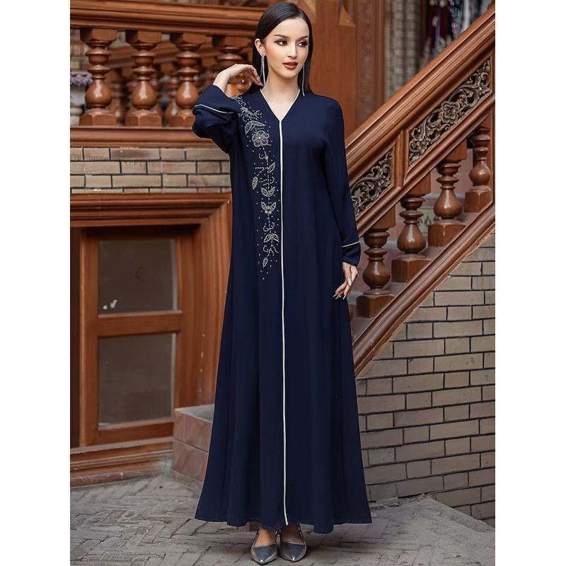 New Middle East V-neck Retro Handmade Seam Drill Dress V-Neck Hand Sewn Diamond Dress