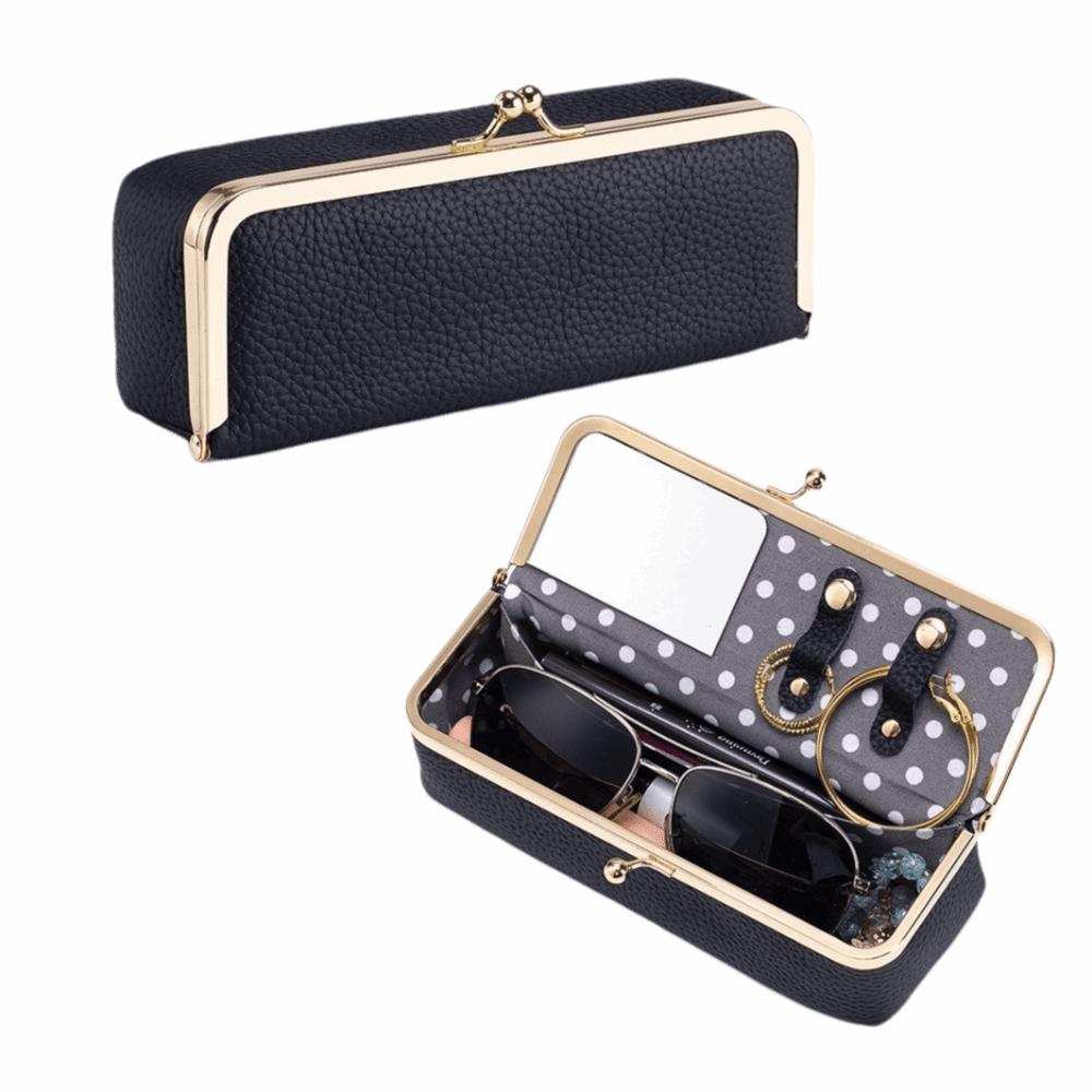 Genuine Leather Cosmetic Storage Pouch Portable Solid Color Sunglasses Storage Case Buckle Fixed Compact Jewelry Storage Bag