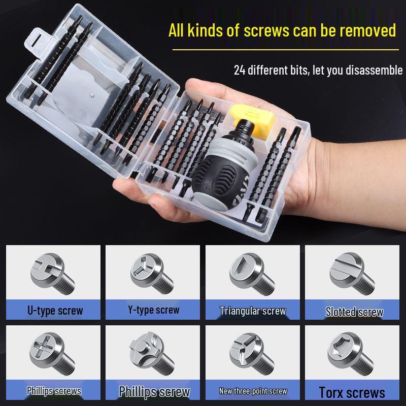 26pcs/set Compact Double-Headed Stubby Ratchet Screwdriver with Phillips & Slotted Bits - Telescopic, Labor-Saving, Forward/Reverse Function