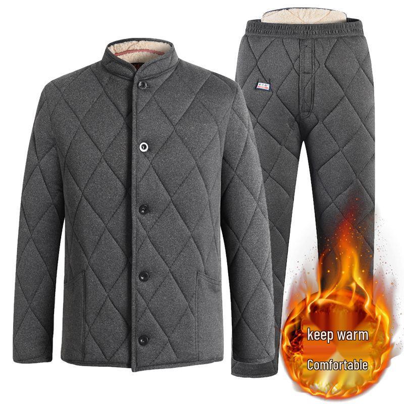 Men's Winter Cotton Jacket and Pants Set with Plus Velvet Lambswool - Warm Thickened Grandpa Style