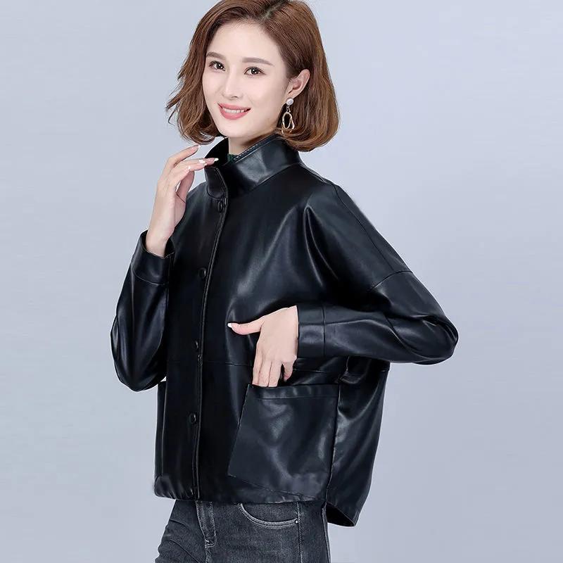 Women's Spring and Fall Loose Casual PU Leather Jacket Stand-up Collar Simple Short Section Jacket
