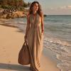 Lässiges Neckholder-Faltenkleid Damen Nacken Maxikleid, Tiefes V Ärmellos Schlankmachend Langer Rock Strandurlaub Sommerkleid, Sommer Fließend mit Taschen