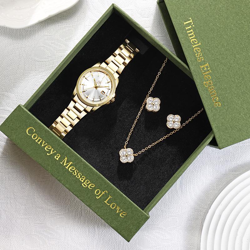 Women's Diamond Watch Set: Elegant Quartz Watch, Necklace & Earrings for Valentine's Day, Gift Box Included