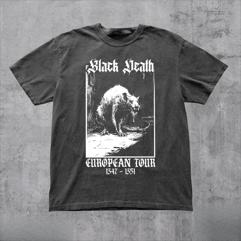 Black Death European Tour Vintage Graphic T-Shirt, Retro Gothic Medieval Plague Rat Dark Art Tshirt, Funny Middle Ages Shirt