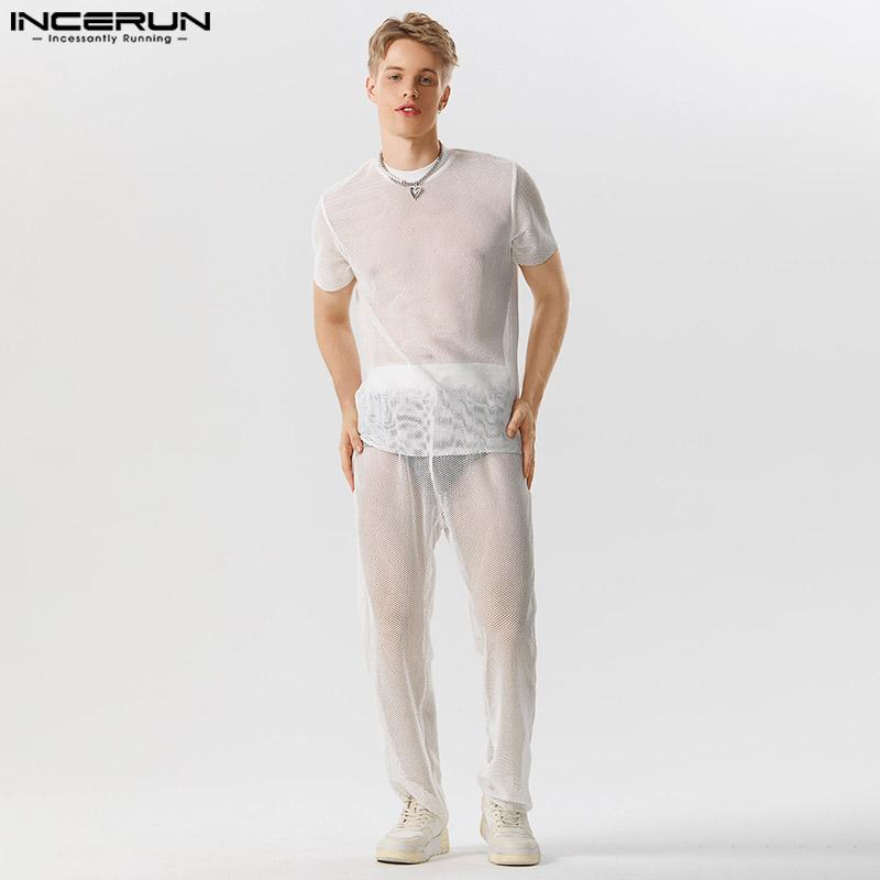 

INCERUN White 2PCS комплекты мужская рубашка с коротким рукавом и длинные брюки сетчатые дышащие наряды