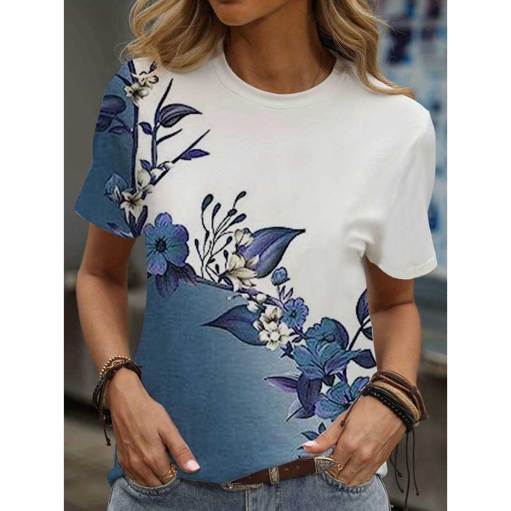 Multicolor floral printed T-shirt, casual street style, high-end top women's clothing, short-sleeve T-shirt for 2025.