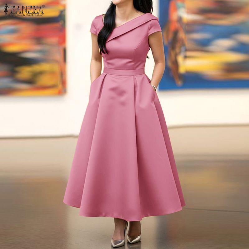 ZANZEA Women Elegant Irregular Collar Short Sleeve Casual Dress