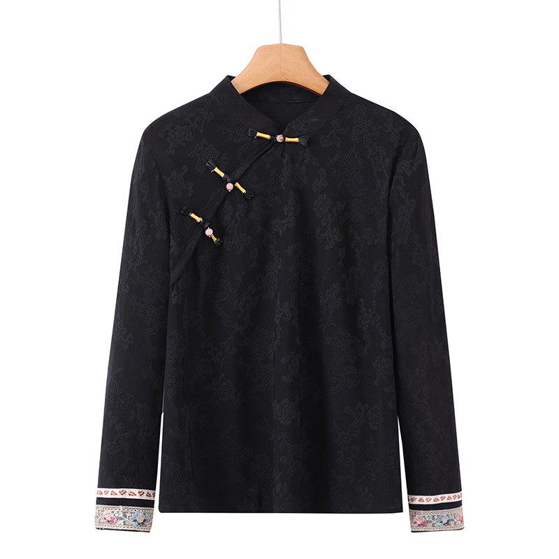 Autumn/Winter Women's Retro Chinese Style Jacquard Top - Long-sleeved Stand Collar with Frog Buttons