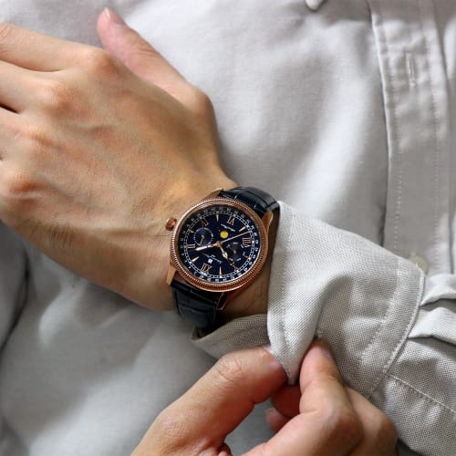 Salvatore Marra Men's Limited Edition Moon Phase Multi-Calendar Watch with 5 ATM Water Resistance, Leather Strap, Pink Gold and Blue SM24110-PGBL