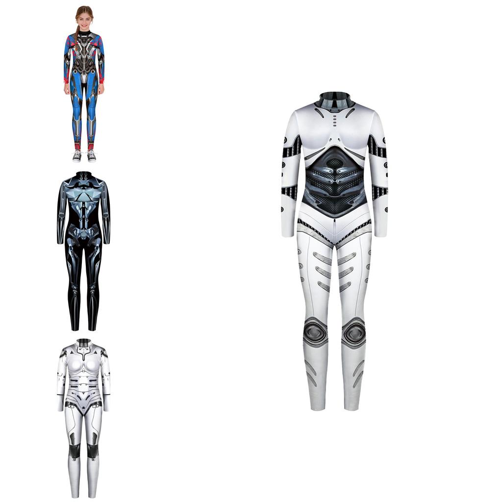 Sexy Robot Armor Print Halloween Cosplay Slim Fit Jumpsuit Bodysuit Costume