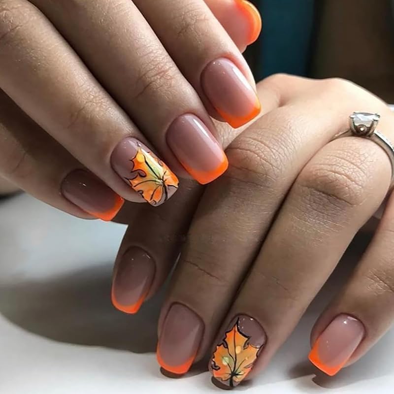 Fall Press on Nails Long Ballerina Coffin Nails Thanksgiving Maple Leaf Acrylic Glue on Nail Glossy Autumn Gold Maple Leaves Fake Nail for Women DIY