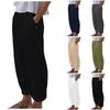 Dame Wide Leg Bomuld Linned Løstsiddende Afslappede Bukser Med PU Læder Patchlomme Streetwear
