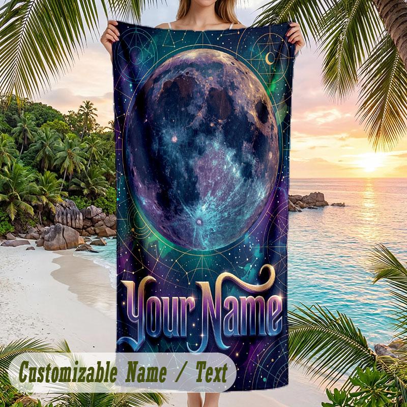 Cosmic Moon Mandala Art Theme Quick Dry Beach Towel Custom Name Text Print Large Sand Resistant Towel Beach Vacation