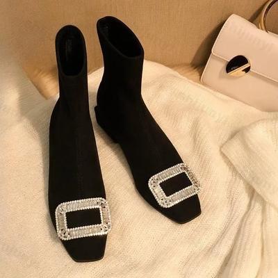 Botas de tornozelo femininas sapatos novos 2025 moda strass salto alto botas curtas conforto bico quadrado salto baixo antiderrapante elástico botas