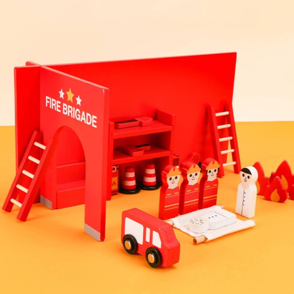Wooden Fire Station Set Painted Assist Toy Scene Bright Red Firefighter Figure for Kids
