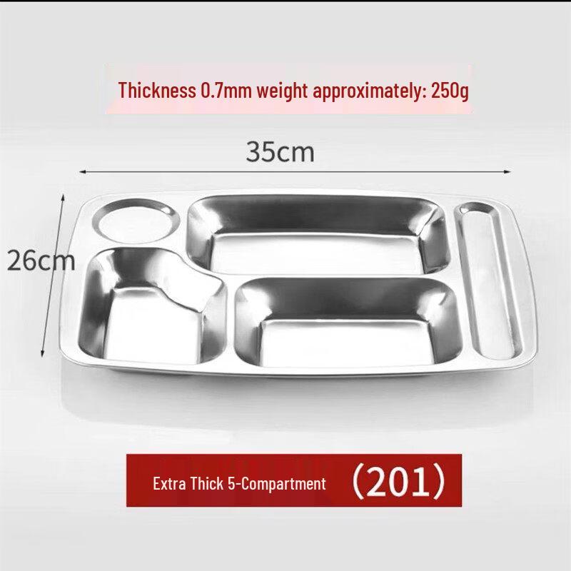 Rectangular 5-Compartment Stainless Steel Meal Tray