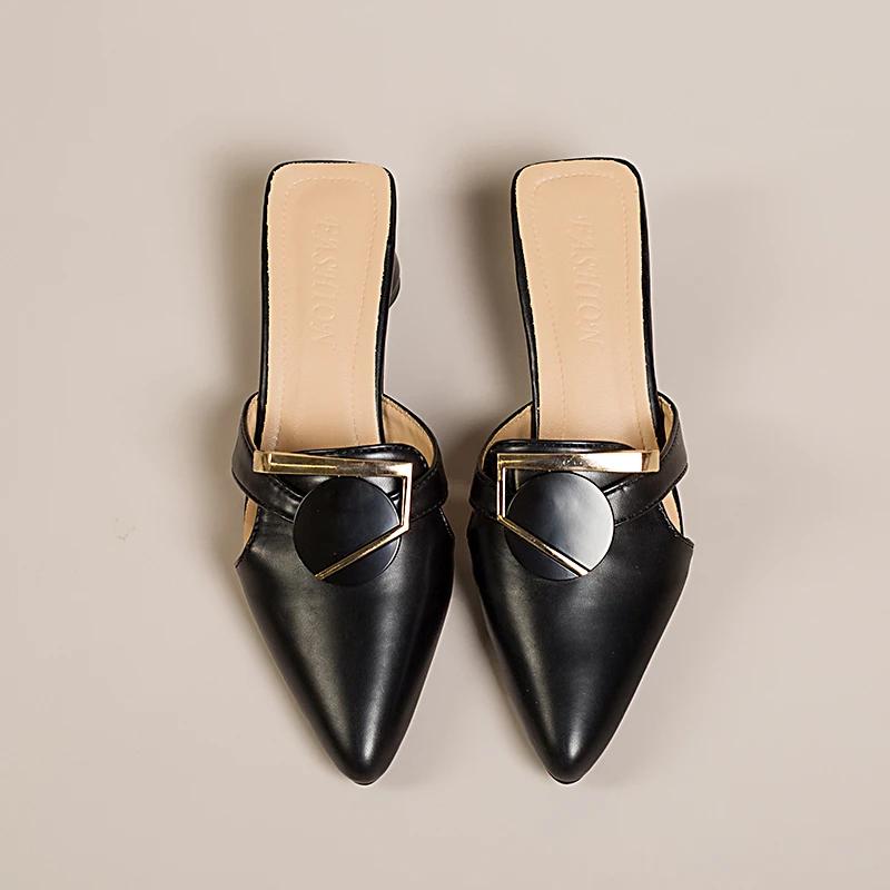 Chunky Heeled Women's Slippers Pointed Toe Mid Heels Shoes Elegant Pumps 2025 Summer Fashion Sandals Party Zapatillas De Mujer