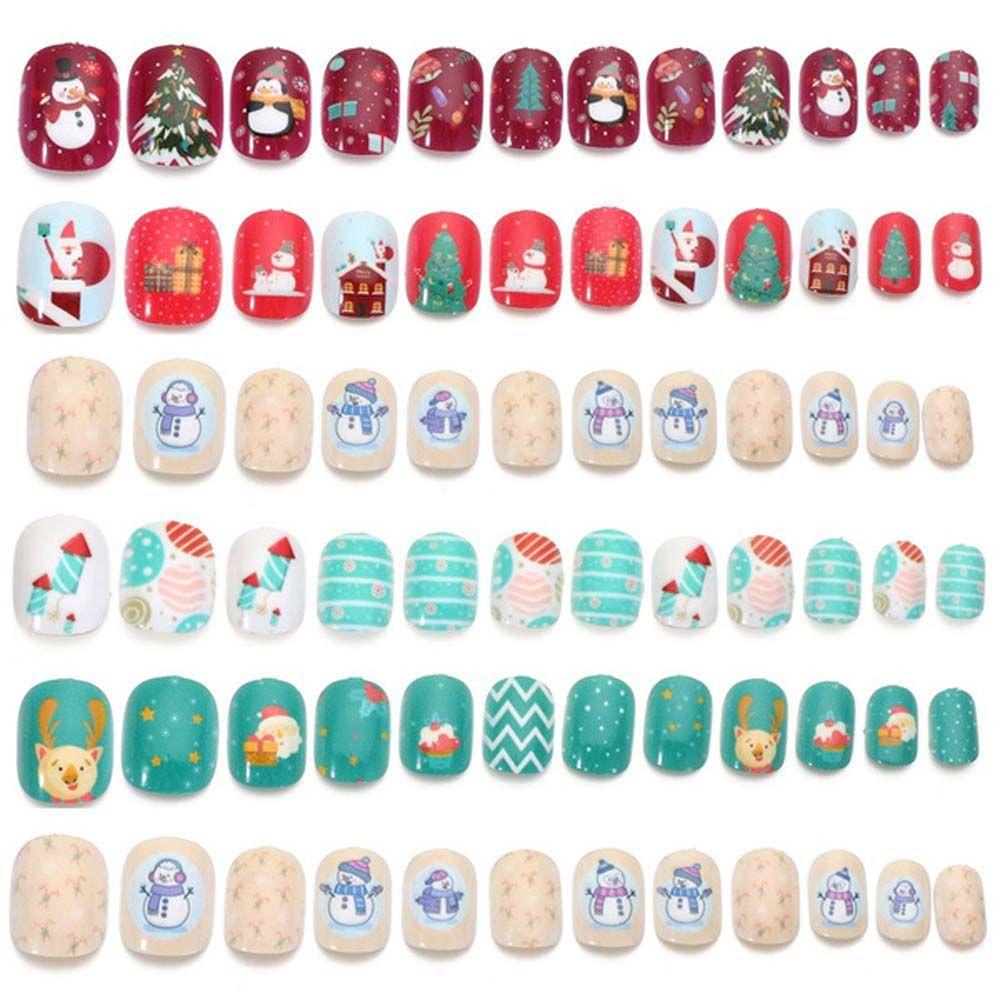 Round Head Wearable Acrylic Artificial Nail Full Cover Nail Tips Christmas Series False Nails Kids Fake Nail Manicure Tool