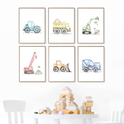 Stavební kamiony Doprava Auto Mateřská nástěnná Umělecká reprodukce Obraz na plátně Severské plakáty Nástěnné obrazy Baby Boy Dekorace pokoje