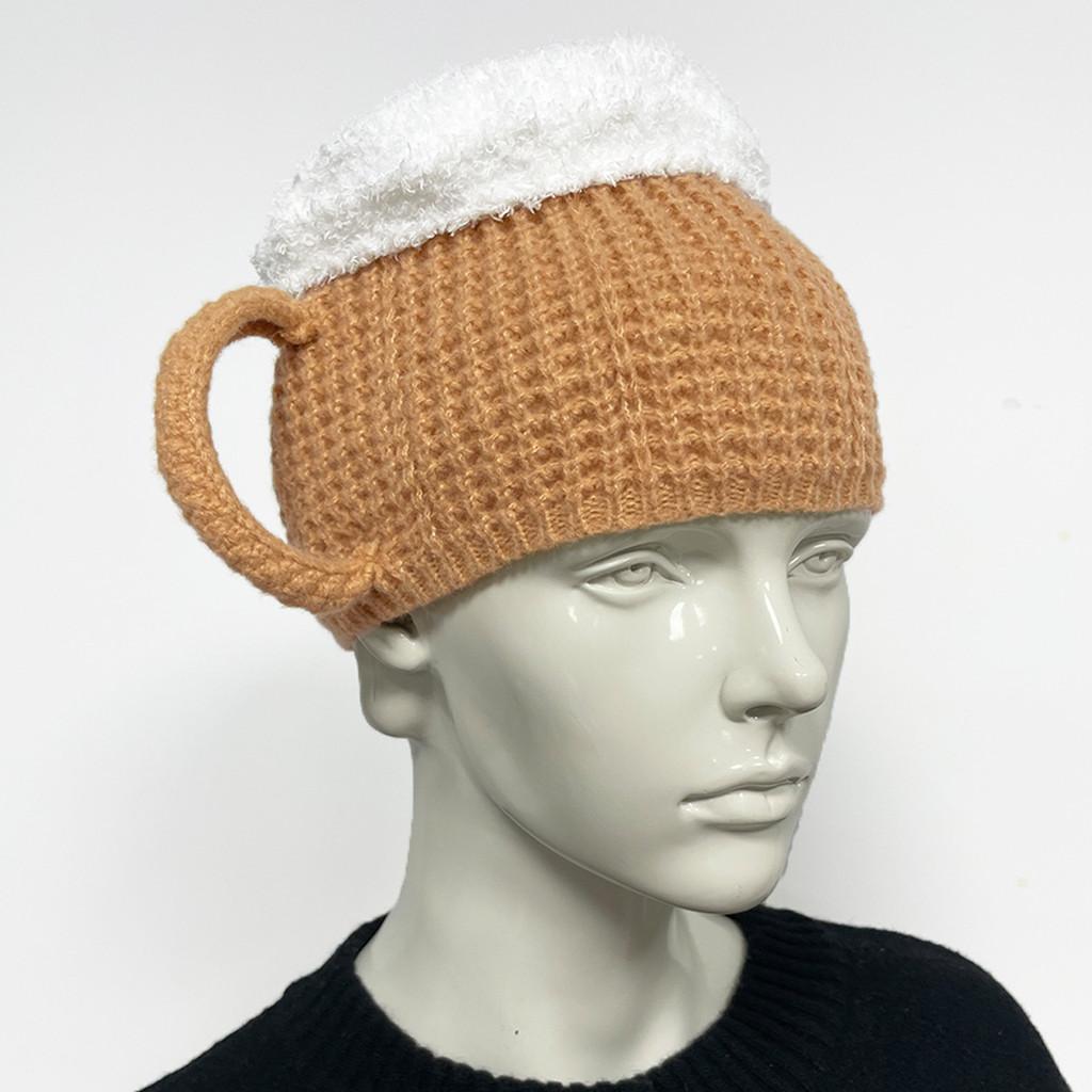Trendy 3d Beer Cup Knitted Beanie Hat For Winter Warmth In Yellow Wine Red And Khaki
