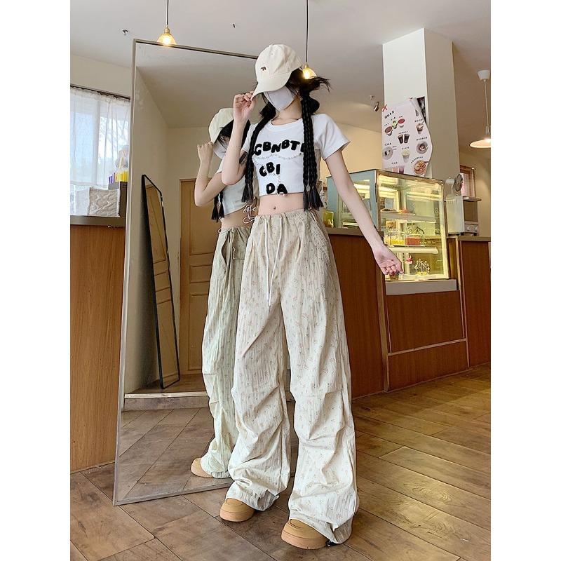 

Цветочные рабочие брюки для женщин летом с высокой талией свободные повседневные широкие брюки ретро белые спортивные брюки S