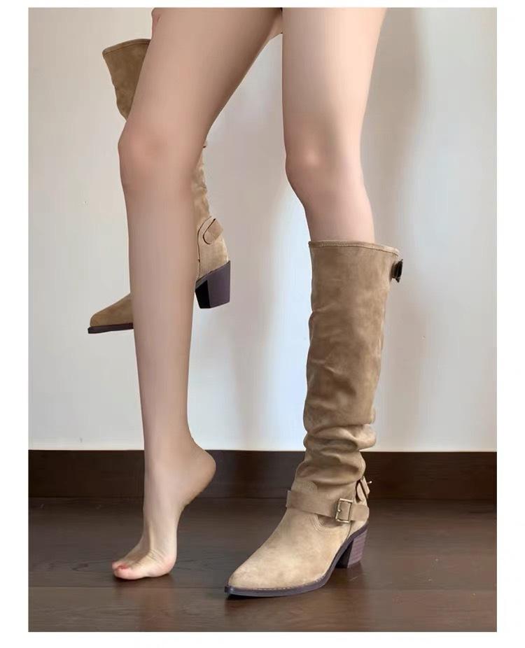 New Suede Piled Up But Knee Boots Women's Western Style Versatile and Thin Thick Heel Knight Boots