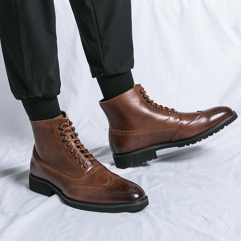 British Style Men Dress High Top Shoes Classic Mens Ankle Boots Fashion Leather Male Brogue Shoes Comfy Elegantes Business Botas