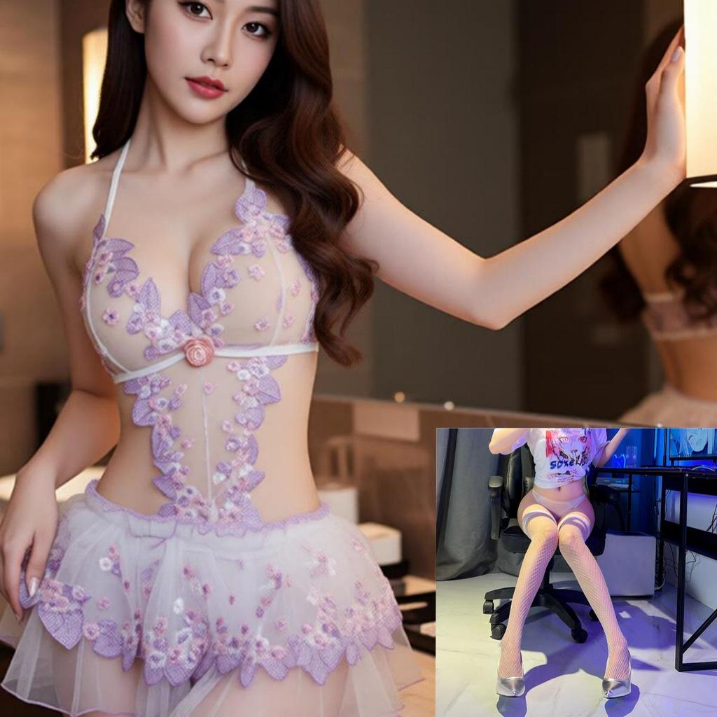 Lace Embroidery Sheer Desire Open Crotch See-Through Pajama Set