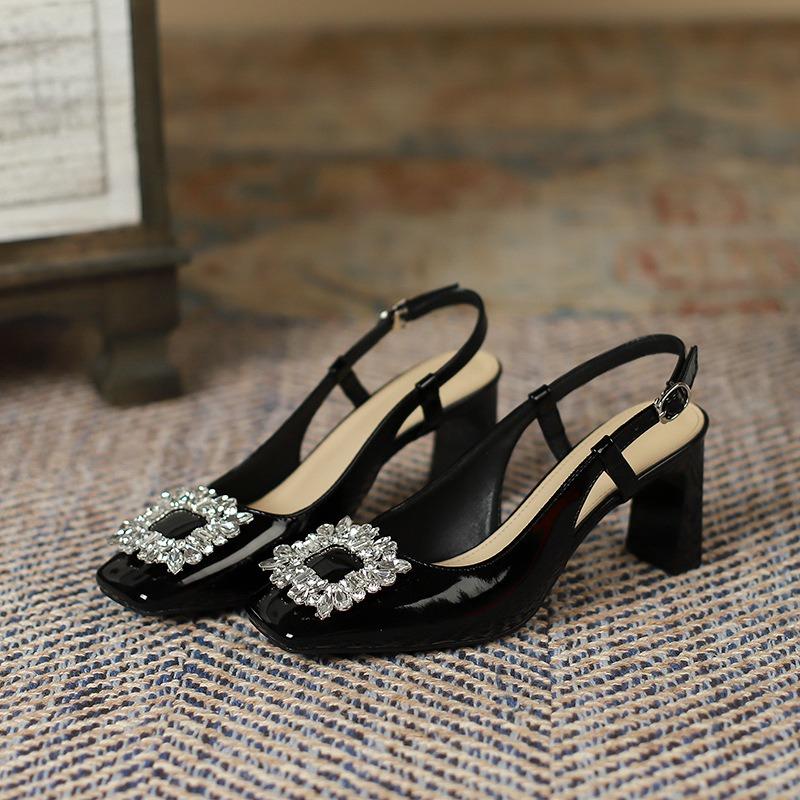 7-Coarse heel high heels women's summer new rhinestone Mary Jane shoes rear empty square head high heel sandals women