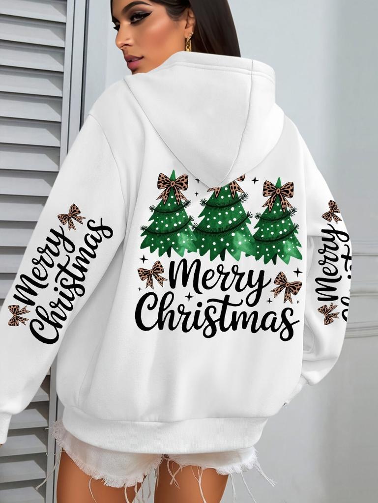 Merry Christmas Bow Tree Print Women'S Hoodie Casual Pocket Jumper Autumn And Winter Hooded Sweater