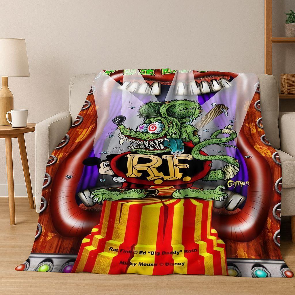3D Buntowniczy RAT FINK Samochody Znak Kreskówkowy Koc Flanelowy, Ciepły i Przytulny Miękki Koc Rzutowy do Domu Sypialni Łóżka Sofy Pokrycie Piknikowe