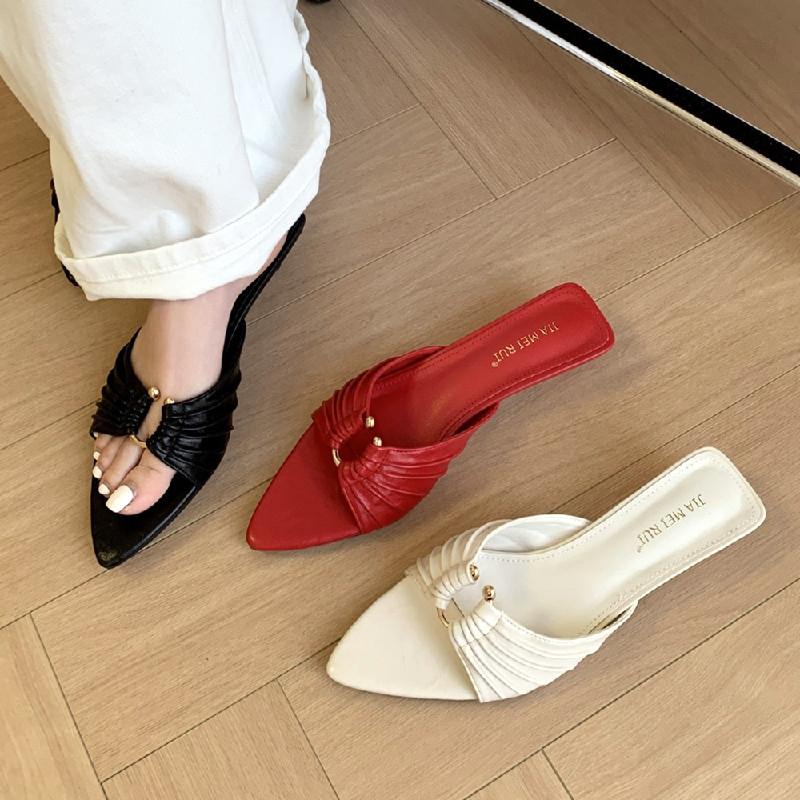 Fashion Pointed Toe Metal Decoration Pleated Women Sandals Summer Fashion Open Toe Thin Heel Slide Sandals Simple Comfort Designer Shoes