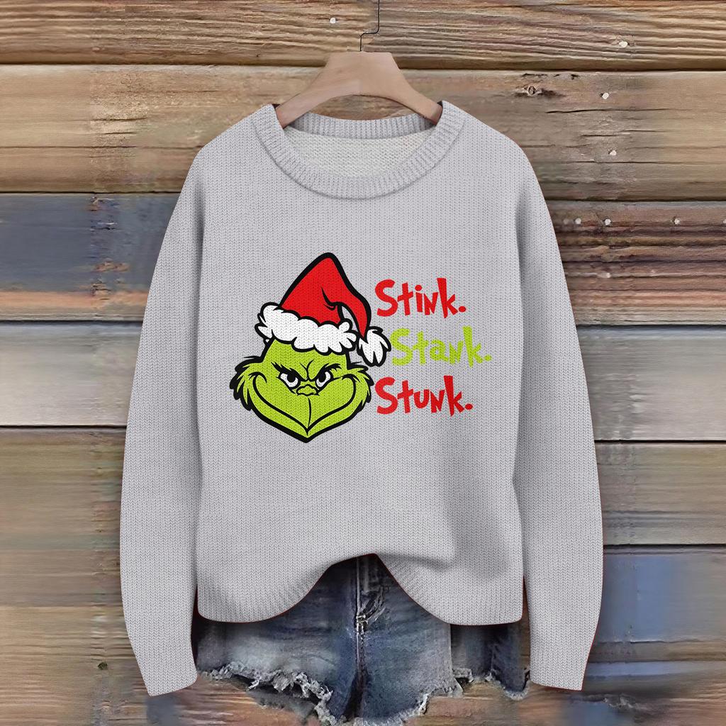 Women's Christmas Print Cardigan Long Sleeve Round Neck Knit Top