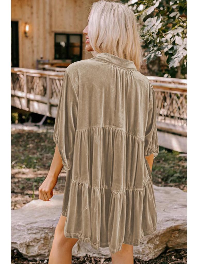 2025 Autumn Women's Solid Velvet Single-Breasted Pleated Long Sleeve Shirt - European and American Style