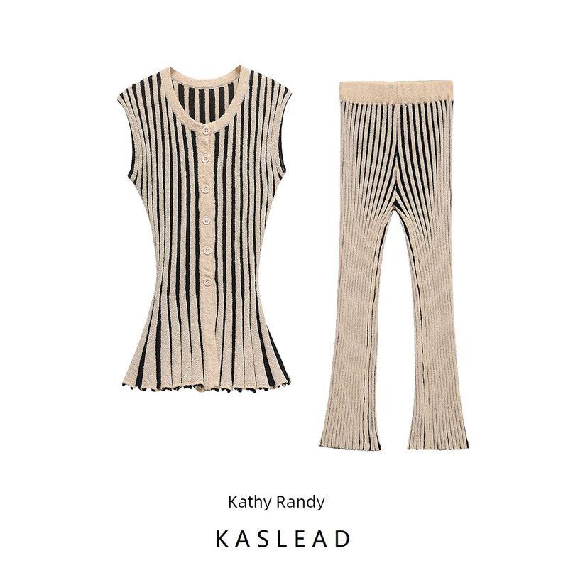 Kaslead New Arrival Women's Clothing Fashion Style Fashion Stripes Sleeveless Top and Trousers 8779154 8779189