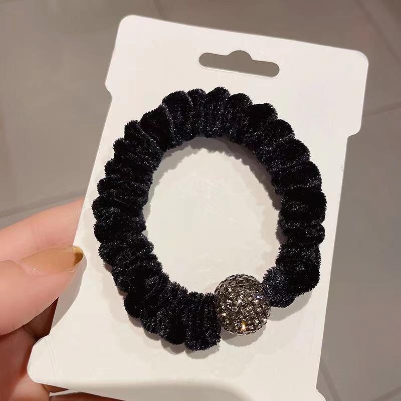 Mode Glänzende Kristallkugel Samt Dünnes Elastisches Gummiband Einfarbig Schwarz Haargummi Scrunchies Haarband Seil Für Frauen