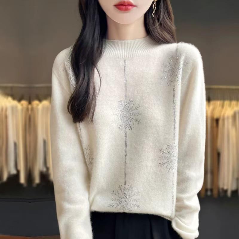 Autumn Winter Heavy Duty Rhinestone Velvet One-Piece High Collar Knit Pullover Sweater