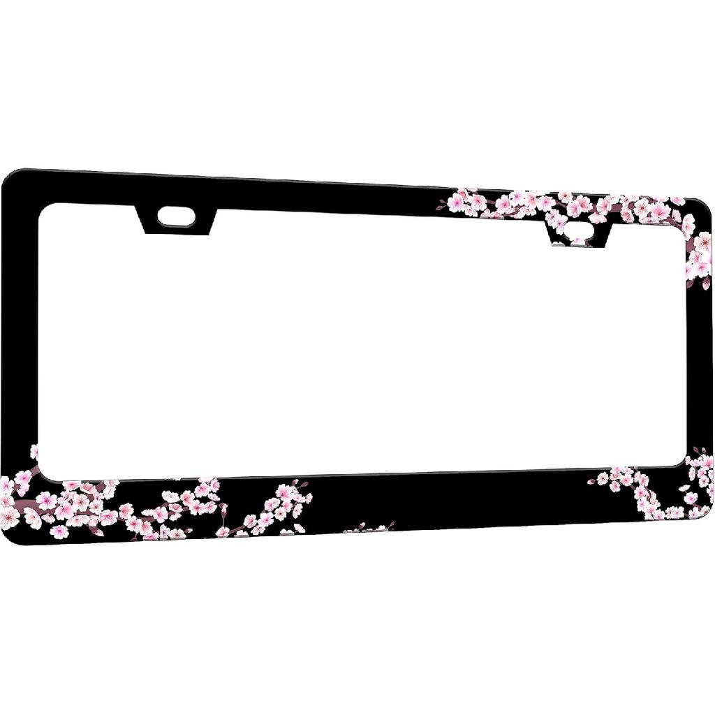 Cherry Blossoms License Plate Frame Beautiful Pink Flowers License Plate Frames Funny Auto Accessory Bracket Stainless Steel License Plate for Women