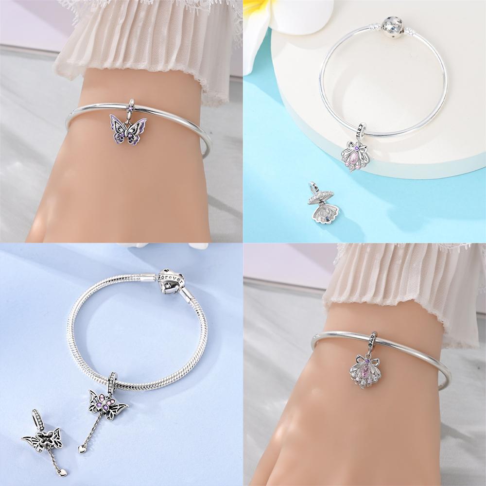 Authentic copper Pink Butterfly Tassel Pendant Bow Decoration Luminous Purple Bead Charms Compatible With Bracelets Women Jewellery Diy Accessory