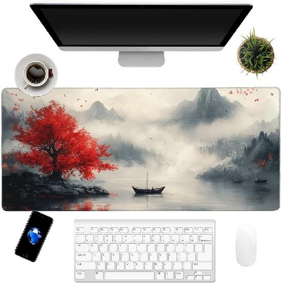 Japanese Cherry Blossoms Art Mouse Pad 31.5"x12" Large - Japanese Traditional Design Water-Resistant Surface Desk Mat with Non-Skid Base for
