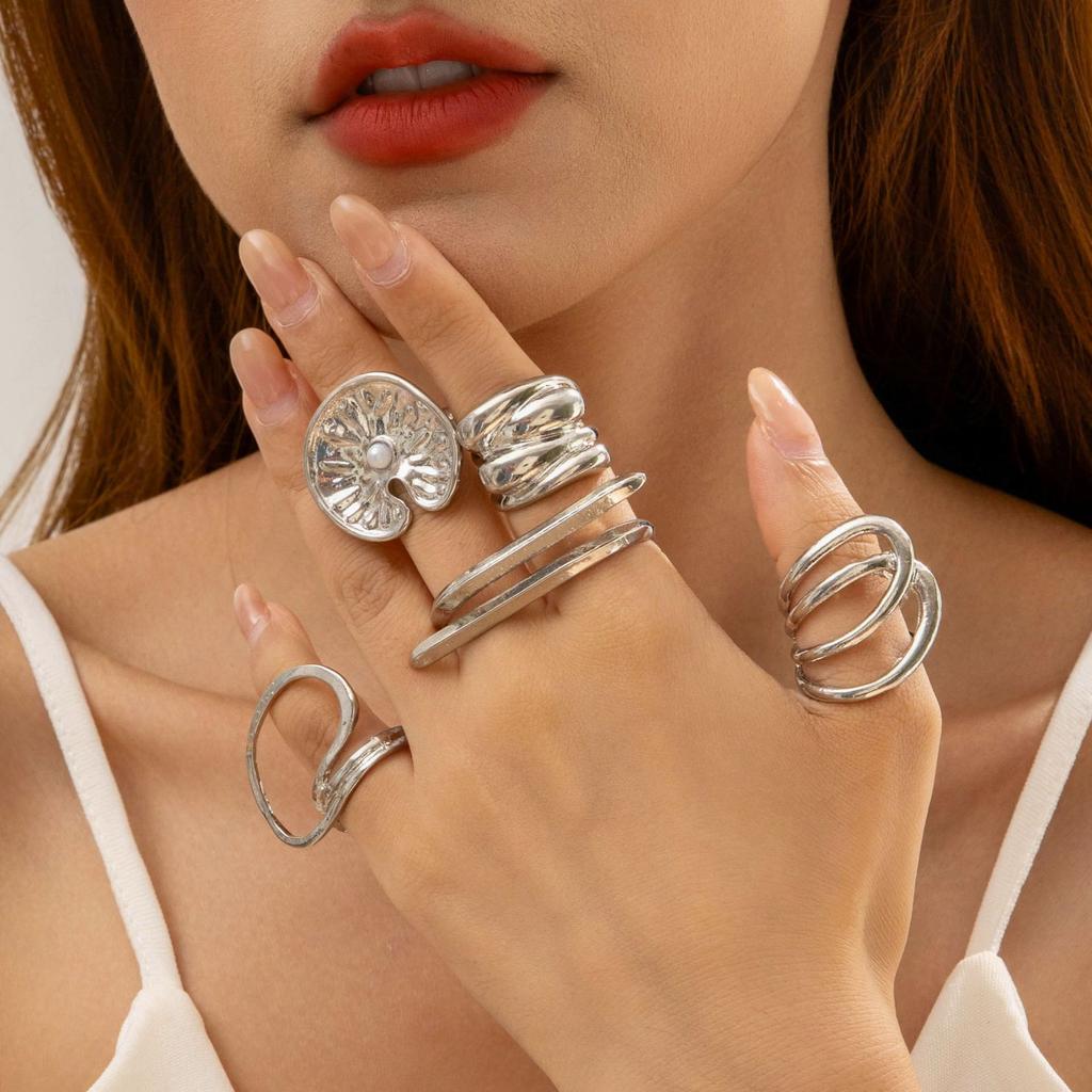 European and American Ethnic Style Carved Feather turquoise Ring Retro Personality Ring Set Combination Ring Set