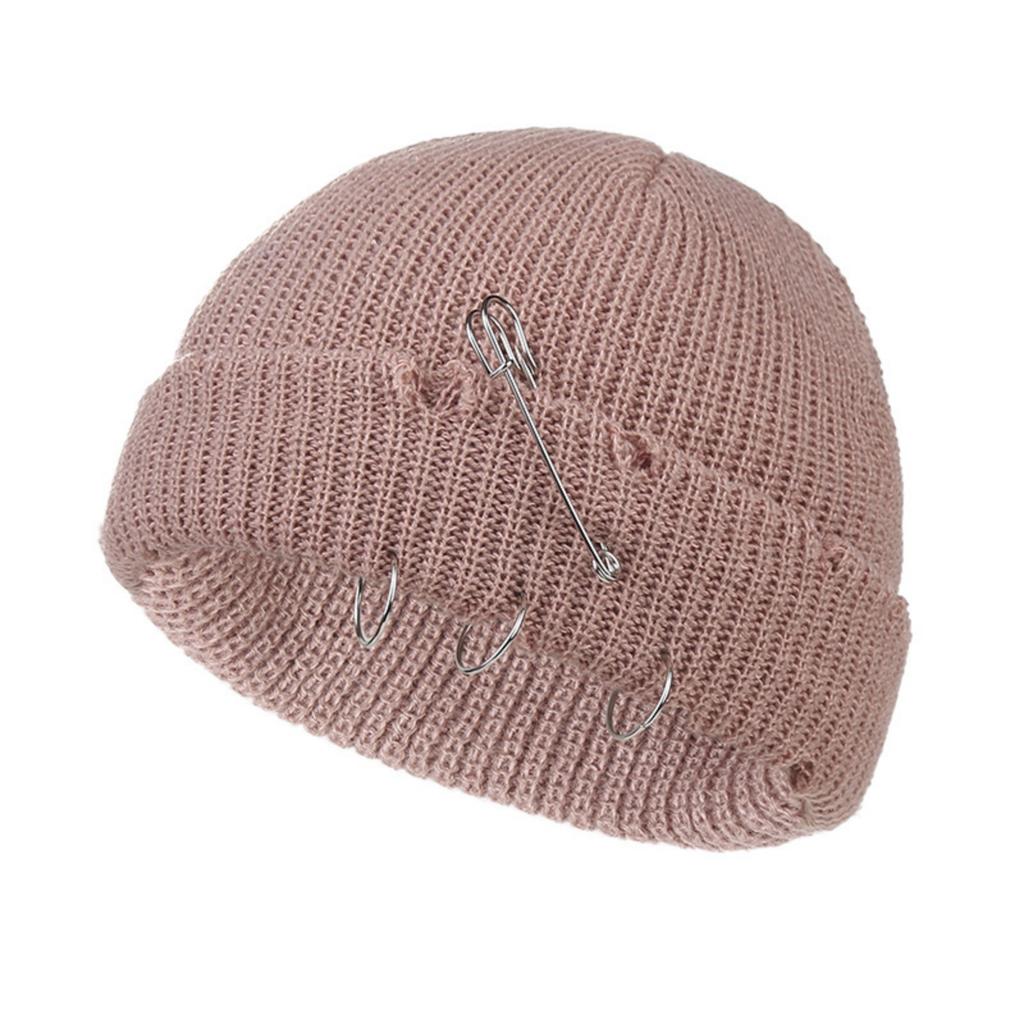Fall And Winter Trendy Solid Color Safety Pin Iron Ring Knitted Wool Hat, Vintage Holey Pullover Wool Hat