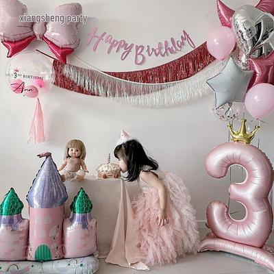 Pink 3rd Birthday Decoration Set for Girls - Tassel, Flag Banners, and Number Balloons