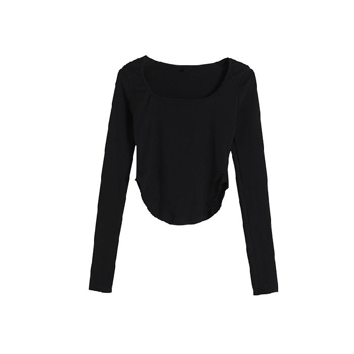 

Футболка в стиле ретро с длинными рукавами и нестандартной талией для женщин, осень, новый стиль, U-образный вырез, облегающий крой и тонкий внутренний однотонный топ 2XL