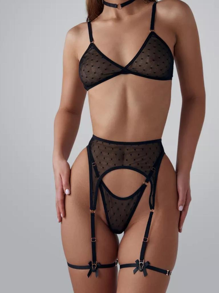 Sexy Polka Dot Lingerie Set 5Pcs Mesh Transparent Bras Thongs With Bow Leg Ring Erotic Intimate Wear