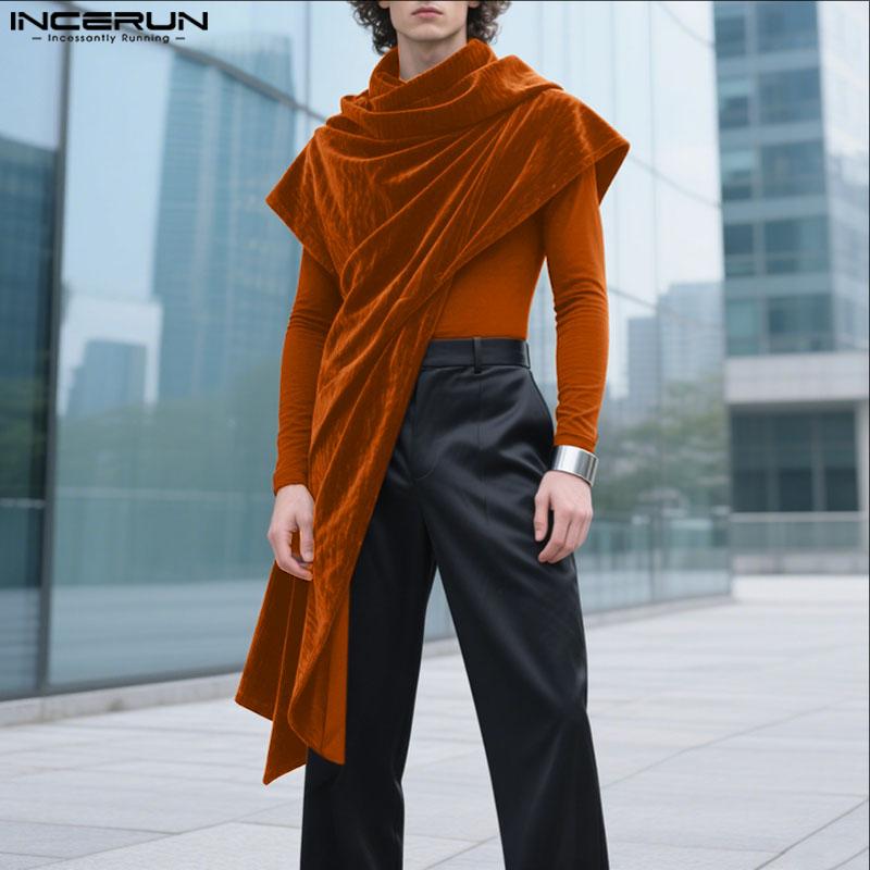 INCERUN Autumn Men High Neck Long Sleeve Fake Two-piece Velvet Casual Tops Pullovers