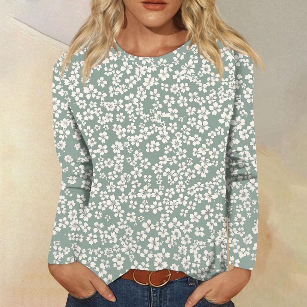 Women's Fashion Casual Long Sleeve Flowers Print Round Neck Top
