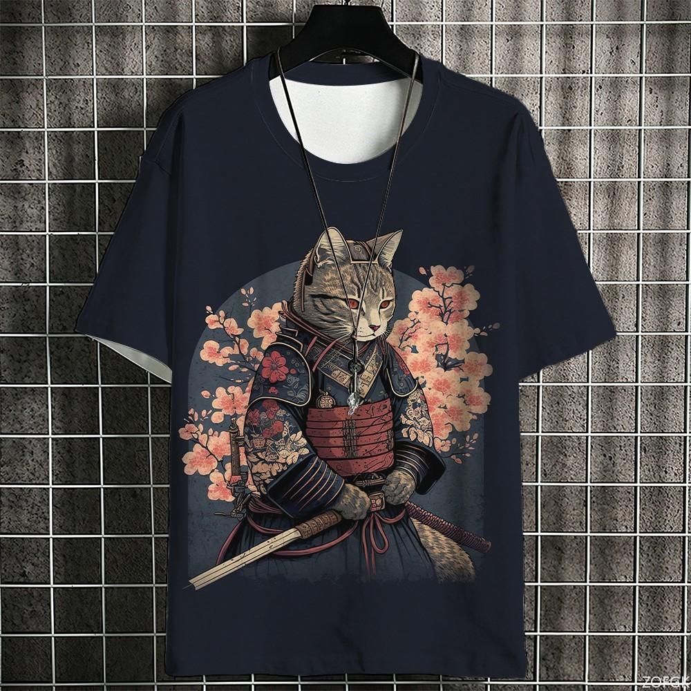 Japanese Samurai Cat Men Summer Fashion Short Sleeve 3d Printed Cartoon Clothing Anime