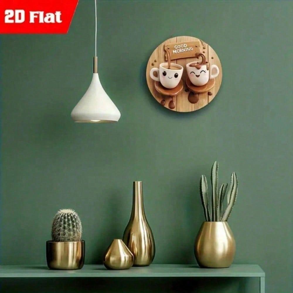 Vintage Style 2D Round Wood Look Tin Sign, 8x8 Inch Morning Coffee Theme with Smiling Cup Good Morning Design for Home Kitchen Wall Decor